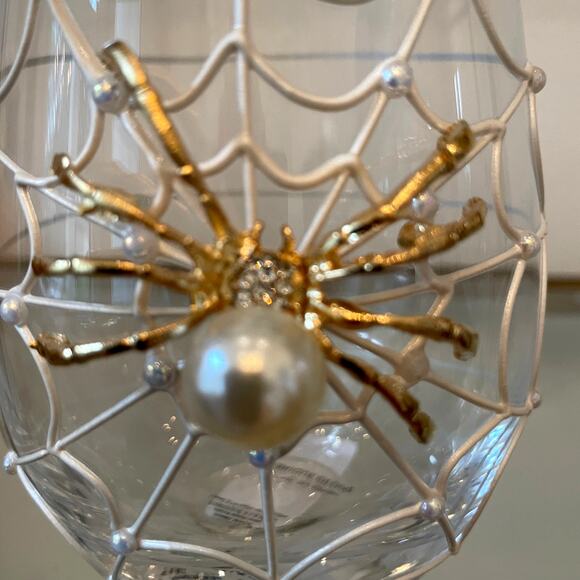 Gorgeous Halloween Jeweled Spider on Web w/ Pearl Stemless Wine Glass Set of 2 - Picture 14 of 15